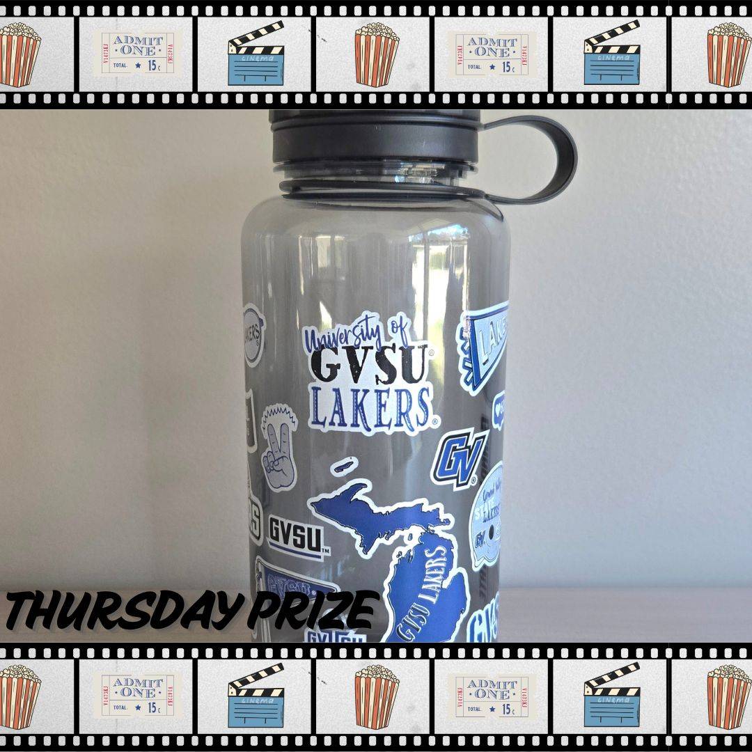 Clear grey water bottle with black lid with a variety of pictures all over bottle. Some pictures include the clocktower, the shape of the state of Michigan, and the GVSU logo